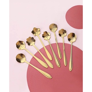 ช้อนกาแฟ รูปดอกไม้ สแตนเลส สีทอง Golden Stainless Steel Flower Tea Spoon