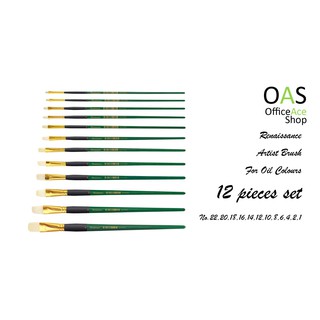 Renaissance Artist Oil Brush พู่กันสีน้ำมันสำหรับศิลปิน (หัวแบน/Flat Tip) ชุด 12 ชิ้น