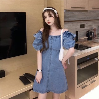 🧸 Alice blue dress ชุดเดรสสั้นยีนส์สีน้ำเงิน เเต่งระบายไหล่ ไม่มีซับใน เนื้อผ้ายีนส์ผสมโพลีเอสเตอร์ 🌈