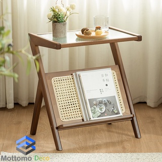 ไม้ไผ่และหวายแท้ MOTTOMO Luxury Modern Solid Bamboo Coffee Table with Woven and Moru Glass Top โต๊ะข้างเตียง โต๊ะกาแฟ