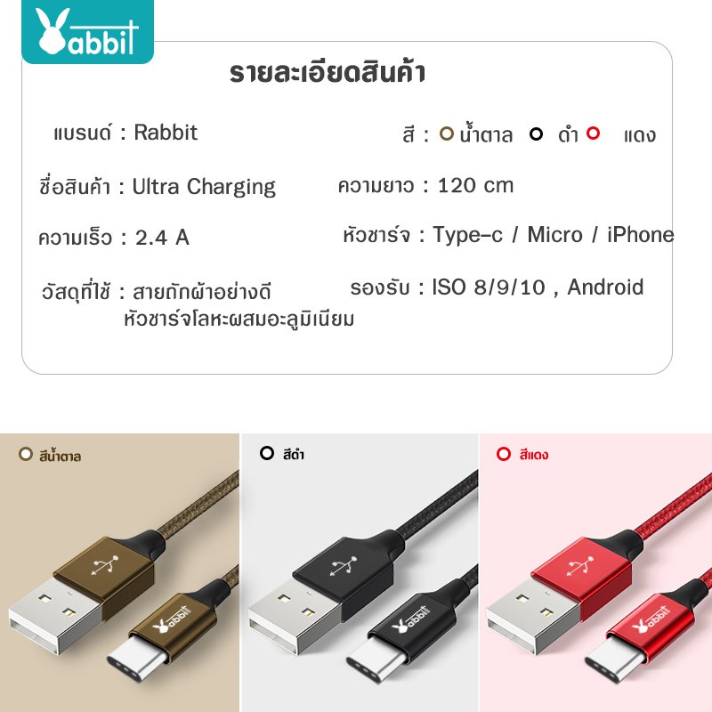 Rabbit สายชาร์จ รุ่น RC-02 Type C USB Cable Quick Charge USB 2.4A Phone Charger ชาร์จเร็ว สายชาร์จ For Samsung Xiaomi #7