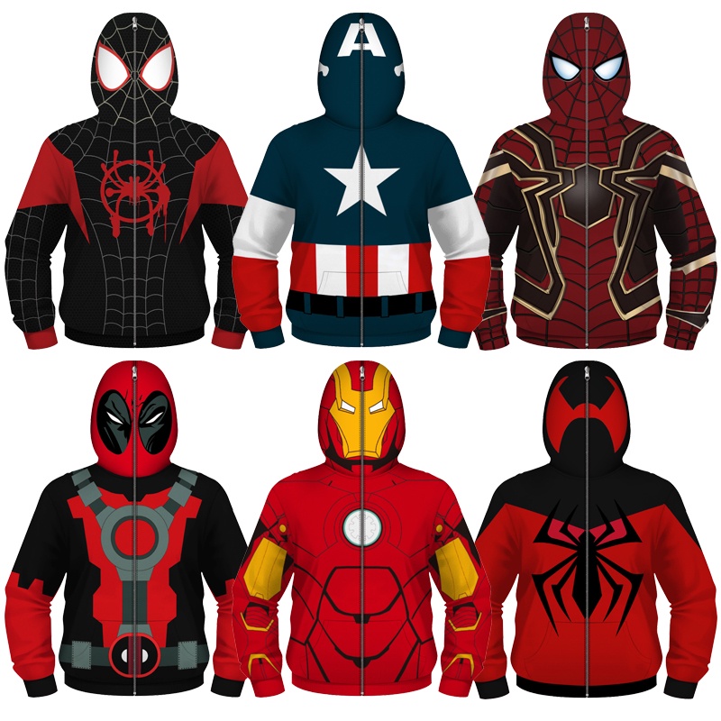 ดิ อเวนเจอร์สแจ็คเก็ตเด็กผู้ชาย Spiderman Captain America Iron Man ชุดคอสเพลย์เด็กอายุ 5-12 ปี
