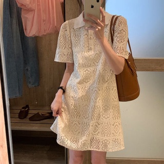 🌺🍑ชุดเดรสแฟชั่นโปโล polo dress วัสดุลูกไม้ เดรสโปโลแขนสั้น คอปกแต่งกระดุม ใส่เที่ยววันหยุด สไตล์เรียบๆแต่หร