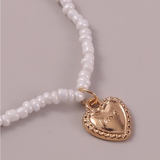 สร้อยคอลูกปัดขาวจี้หัวใจ heart charm white beaded necklace