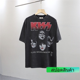 เสื้อยืดแขนสั้นลําลอง ผ้าฝ้าย พิมพ์ลายตัวอักษร KISS แฟชั่นสตรีท สไตล์สปอร์ต สําหรับผู้ชาย และผู้หญิง