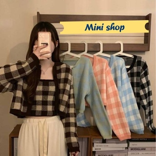 Mini shop🌸พร้อมส่ง🌸(87001+87001-1) เสื้อคลุมไหมพรม+เสื้อกล้ามไหมพรม ลายตารางสีพาสเทล