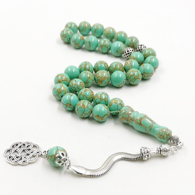 Tasbih สีเขียว Turquoise หินภายใน Gold Line มุสลิมลูกปัดสวดมนต์อิสลามลูกประคําสร้อยข้อมือ eid
