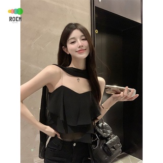 Summer girls must-have Ribbon chiffon camisole off-shoulder hot girls short top summer flounced inside temperament slimming women sexy