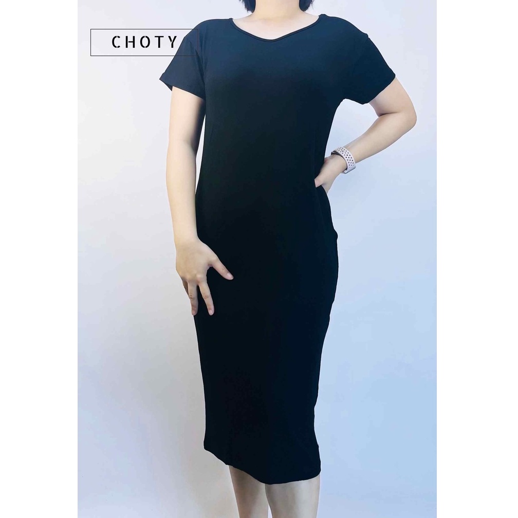 { ยืดแขนสั้นเดรส (ยาว) L } ชุดเดรสแขนสั้น ยาวคลุมเข่า แบรนด์ CHOTYSHOP สินค้าผลิตในไทย LDBL