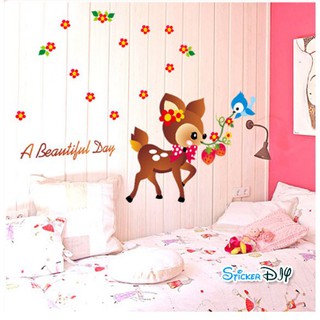SALE Wall Sticker สติ๊กเกอร์ติดผนัง DEER "A Beautiful Day" (กว้าง103cm.xสูง73cm.)