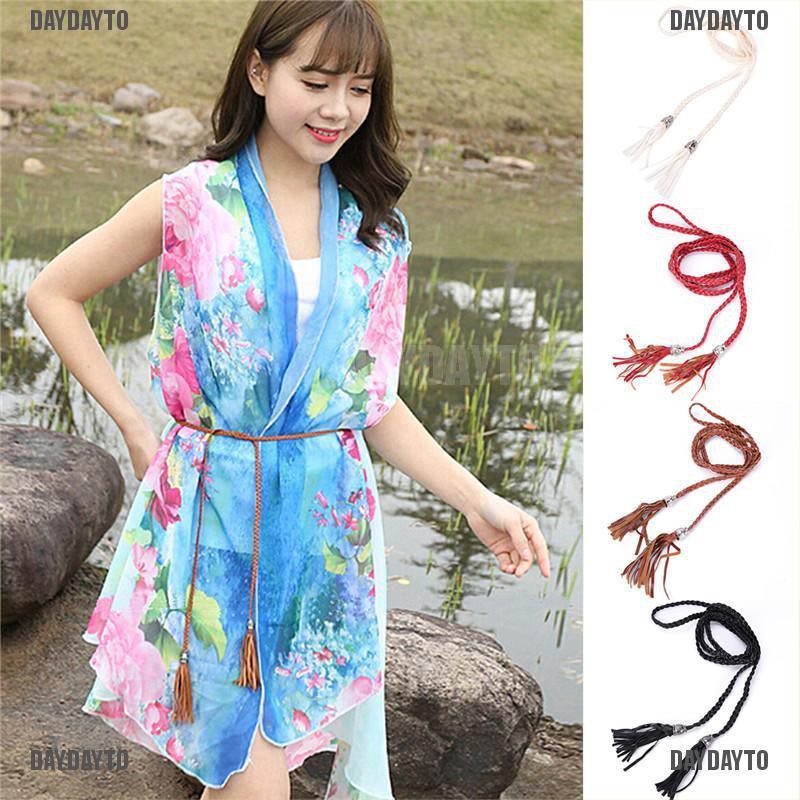 DAYDAYTO Boho ผู้หญิงหนังพู่ Self-Tie เข็มขัดเอวบางเชือกเข็มขัด