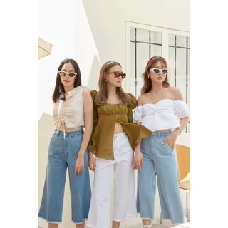 Sis story กางเกงยีนส์ เอวสูง ขาบาน ห้าส่วน Sis501 Bella Culotte Jeans - Blue/ Lightblue/ WHite