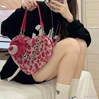 🍓สปอต 📷2022 Design Leopard Print Love Chain Box Bag หนึ่งไหล่ Crossbody Plush Contrast Color Crossbody Small Bag