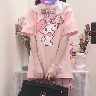 SANRIO ใหม่ เสื้อยืดลําลอง ผ้าฝ้าย แขนสั้น คอตุ๊กตา พิมพ์ลายการ์ตูน My Melody สีชมพู เหมาะกับฤดูร้อน สําหรับสตรี [RAIN]