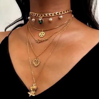 Multilayered Pearl Crystal Dangle Choker Cross Flower Love Pendant Necklace for Women Lady Girl