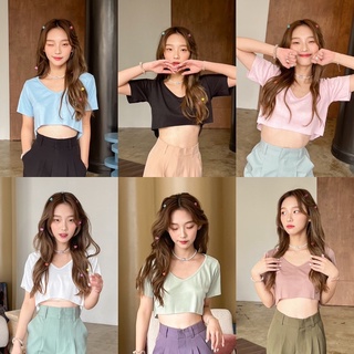 Vivie crop top BEMYCHIC เสื้อครอปคอวี หน้าสั้นหลังยาว Basic V Crop top ครอปท็อป