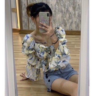 เสื้อเชิ้ตชีฟองแขนสั้นลายดอกไม้สไตล์ฝรั่งเศส😍