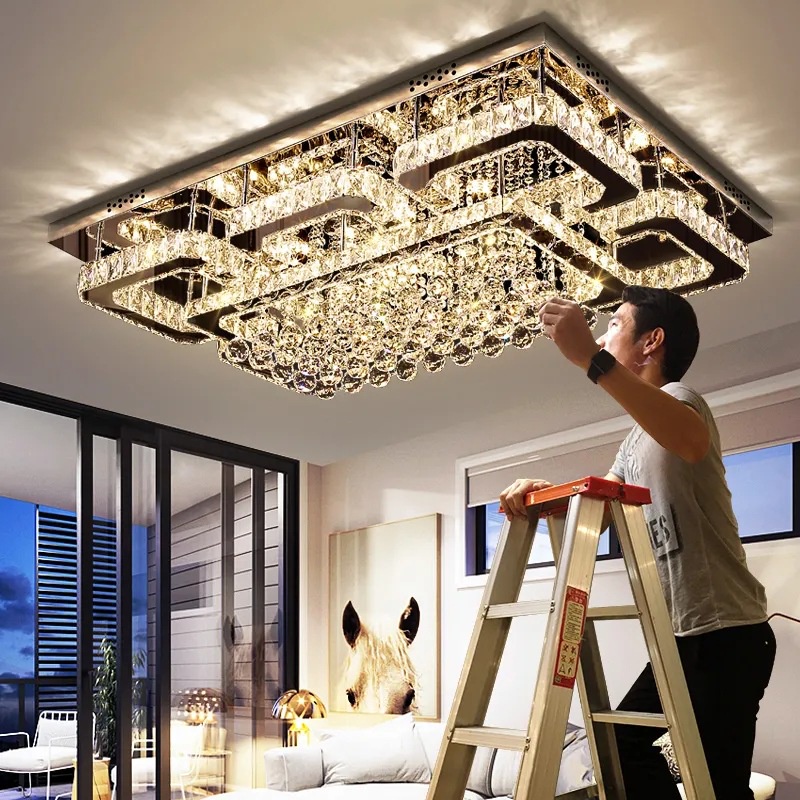 โคมไฟ LED ทรงสี่เหลี่ยมประดับคริสตัลสําหรับติดตกแต่งบนเพดานร้านอาหารห้องนั่งเล่น