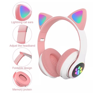 หูฟังบลูทูธไร้สาย แบบครอบหู พร้อมไมค์ ไฟแฟลช LED ลายแมวน่ารัก STN-28 หูฟังไร้สาย หูแมว  แบบครอบหู มีไมค์ในตัว มีไฟ