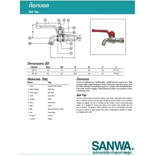 ก๊อกบอล ก๊อกน้ำ ซันวา SANWA ด้ามแดง ขนาด 1/2" (4หุน) 3/4" (6หุน)