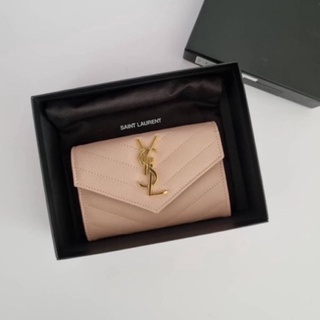 (ผ่อน0%) กระเป๋าใส่บัตร กระเป๋าสตางค์ New ysl card holder y21 สีชมพู หนังแท้