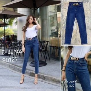 G.D.Jeans รุ่น 90127#กางเกงยีนส์แฟชั่นขายาวผ้ายืดเอวสูงสีเข้มแต่งลูกโซ่หน้าขอบเอวกางเกงแบบสุดเก๋ๆ