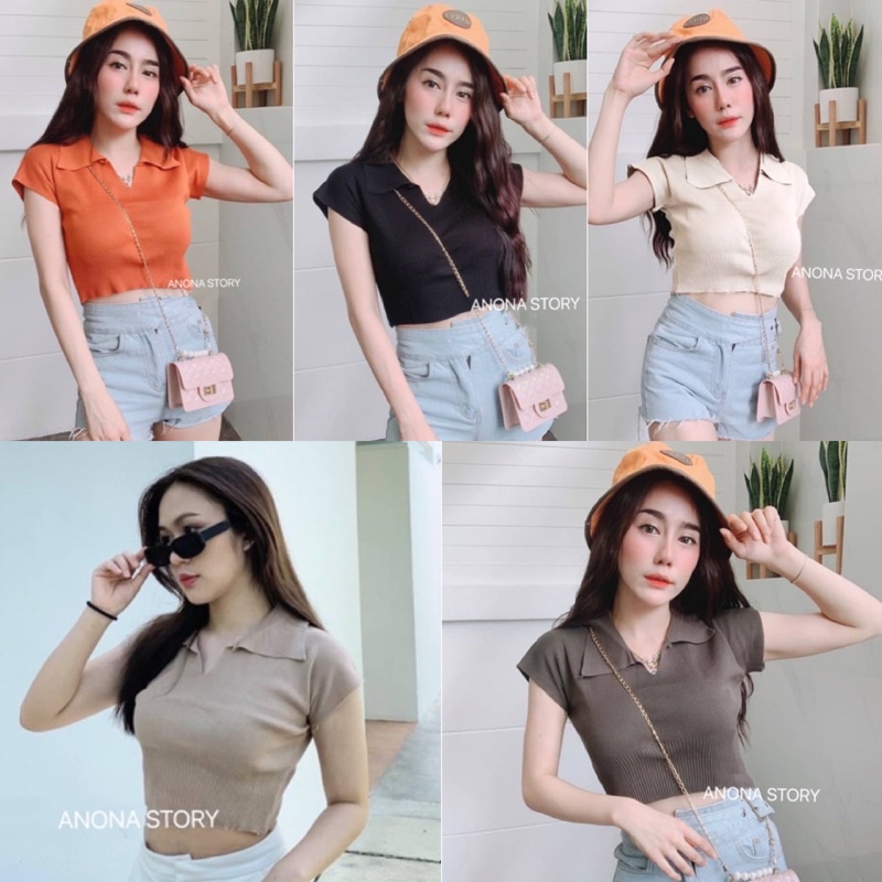 (C12) เสื้อครอปทอปคอปก เว้าอกทรงแขนค้างคาว พร้อมส่ง