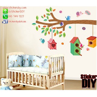 SALE Transparent Wall Sticker สติ๊กเกอร์ติดผนัง บ้านนกบนกิ่งไม้ใหญ่ (กว้าง120cm.xสูง100cm.)