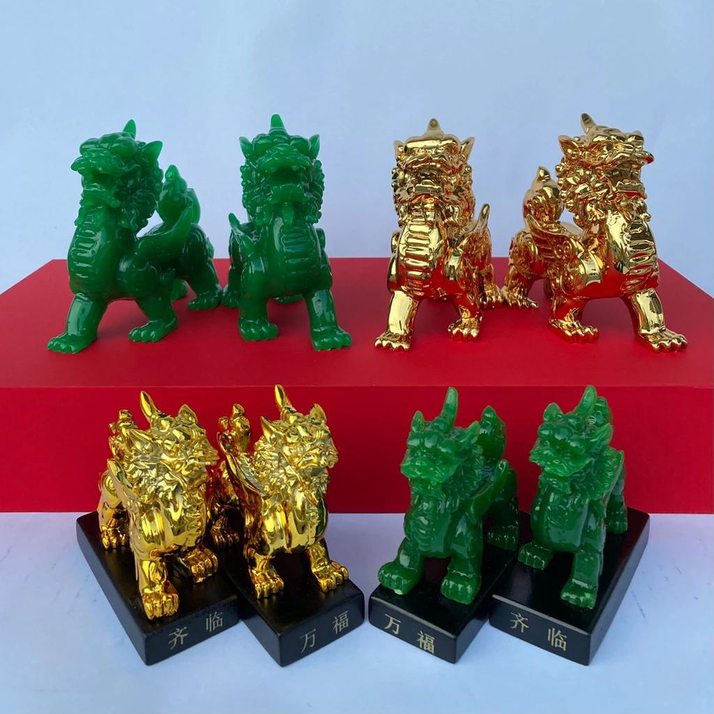 ปี่เซียะ คู่ ปีกตั้ง สูง3.5 / 4 นิ้ว งานเรซิ่นสีทอง / สีเขียวหยก / สีใส ฐานแก้ว แก้ปีชง