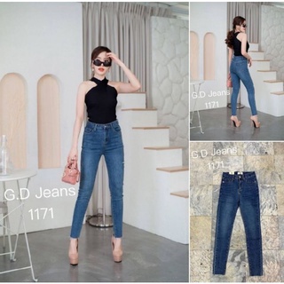 G.D.Jeans รุ่น 1171#กางเกงยีนส์ขายาวผ้ายืดทรงเดฟฟอกสีสนิมเข้มตัดขาดข้าง