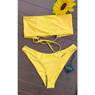 ชุดว่ายน้ำทูพีชเกาะอกครึ่งตัว บิกินีเกาะอกผูกเชือกหลัง swimwear twopiece