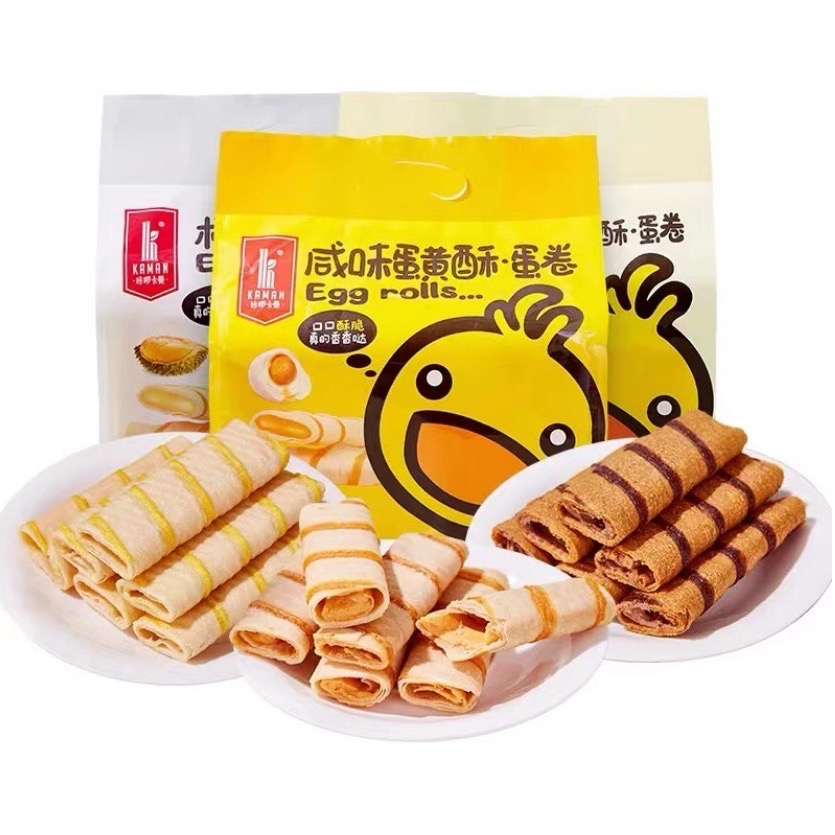เครปกรอบ ❗️ egg rolls P35 P36 P37 ขนม เครปม้วน สอดไส้ ไข่เค็ม ช็อคโกแลต ทุเรียน 1 ห่อ ใหญ่ มี 10 ห่อ