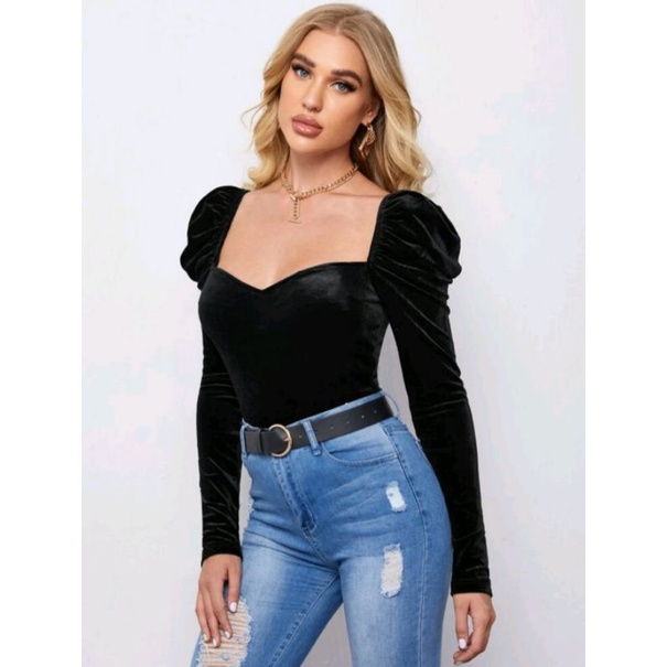 Sweetheart  neck leg of-mutton sleeve velvet top