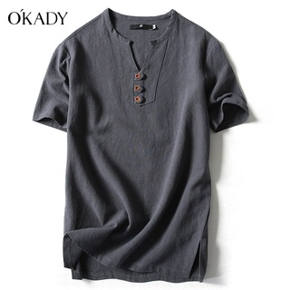 OKADY เสื้อยืดผ้าลินินชายหลวมลำลองระบายอากาศและสะดวกสบาย