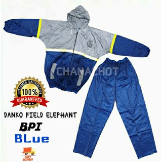 ชุดกันฝนเสื้อกางเกง อย่างหนา ตราช้างBPI raincoat(สีน้าเงินเทา)มีแถบสะท้อนแสง กันน้ำ100% มีซิปหน้า ฮู๊ดในตัวชุดกันฝน PVC