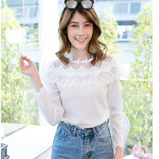 Fashion King เสื้อแขนยาวแต่งลุกไม้ ผ้าชีฟองเย็บตาข่าย 806#