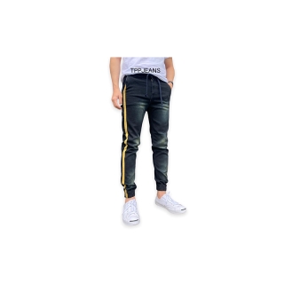 JEANSEXPRESS Jogger Jeans กางเกงจ๊อกเกอร์ขาจั้มเอวยางมีเชือกเป้าซิป ผ้ายืด สีดำสนิม แถบข้าง งานตัดเย็บอย่างดี Size 28-36