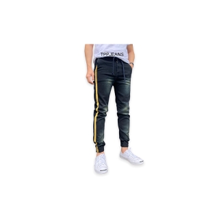 JEANSEXPRESS Jogger Jeans กางเกงจ๊อกเกอร์ขาจั้มเอวยางมีเชือกเป้าซิป ผ้ายืด สีดำสนิม แถบข้าง งานตัดเย็บอย่างดี Size 28-36