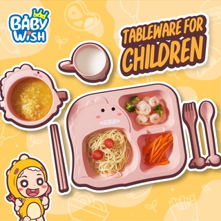 BabyWish🥣เซ็ต จานข้าวเด็ก ถาดอาหารเด็ก ไดโนเสาร์ 4 ชิ้น ถาดหลุมเด็ก ช้อน ซ่อม ตะเกียบ