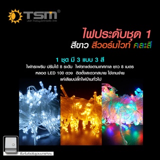 ไฟกระพริบ ไฟประดับ ไฟตกแต่ง LED ปรับได้ 8 ระดับ ยาว 8 เมตร จำนวน 100 ดวง ติดตั้งสะดวกใช้งานง่าย มีหลากหลายสี ยี่ห้อ TSM