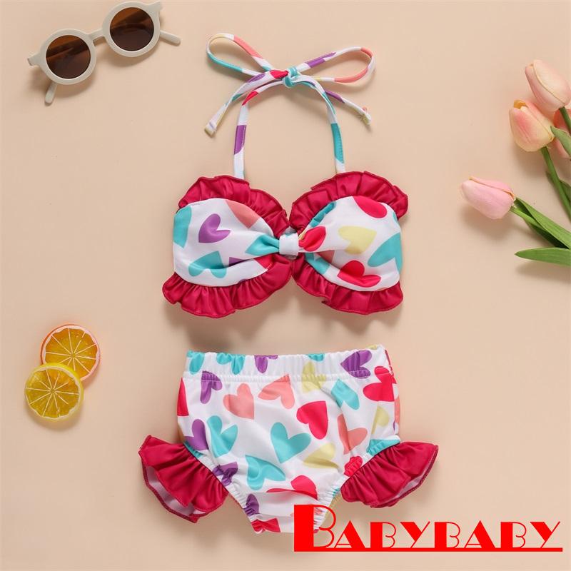 ☽GT✲Sister Heart Print Bowknot Matching Swimwear