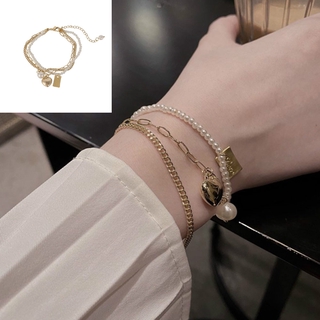 [sweet] Korea woman wild retro Three-layer chain Pearl bracelet adjustable Jewelry