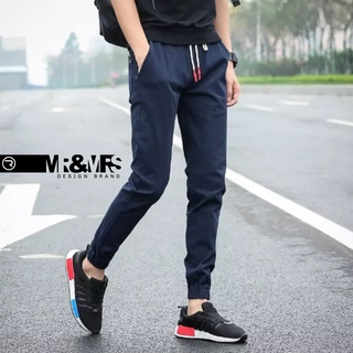 กางเกงขายาว ขาจั๊ม แฟชั่นเกาหลี เอวยืด ชาย/หญิง Jogger Pants ผ้าcotton รุ่น EL สีกรม (Dark Blue)