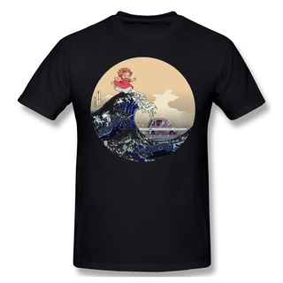 คอลูกเรือเสื้อยืดคอกลมเสื้อยืด ผ้าฝ้าย 100% พิมพ์ลาย Ponyo Great Wave Studio Ghibli คุณภาพสูง สไตล์ญี่ปุ่นผ้าฝ้ายแท้