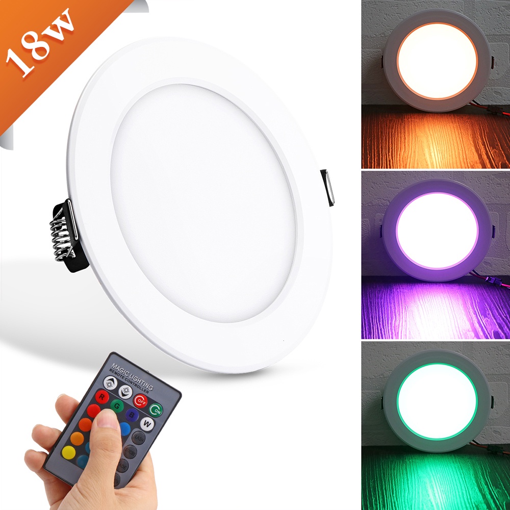 ☇✐○5W/10W/18W Light แผงวงกลม RGB ไฟ LED ปกปิดโคมไฟโคมไฟเพดานดาวน์ไลท์พร้อมรีโมทคอนโทรล AC 85-265V หล