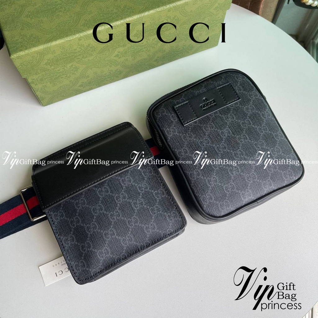 หนังแท้ Gucci GG Supreme belt bag - Neutrals A two-pouch belt bag in GG Supreme canvas with black leather trims สีดำ