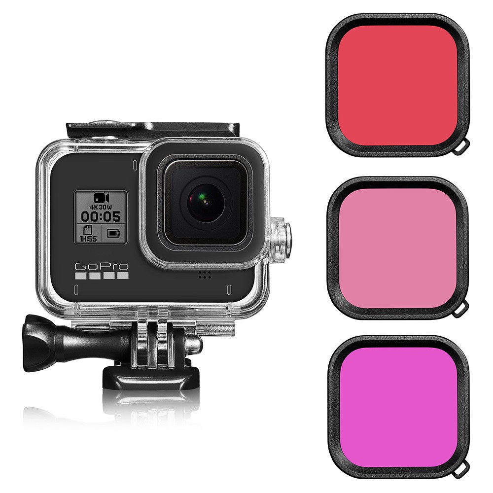 พร้อมมากๆ...[Filter สีม่วง] -ถูกสุด เคสกันน้ำ โกโปร ฮีโร่ 8 GoPro Hero 8 ฟิลเตอร 3สี (ชมพู ม่วง แดง) ดำน้ำได้ลึกถึง 40 เมตร Waterproof case ..เคสกันน้ำคุณภาพดี..!!