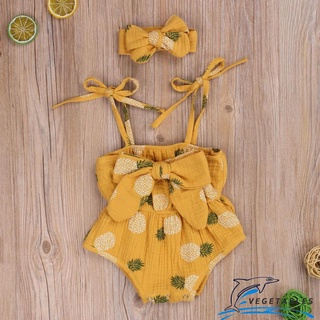 ZHY-2Pcs Baby Summer Wear, Pineapple/Polka Dot Printed Spaghetti Straps Romper + Bowknot Headband for Toddlers, Girls