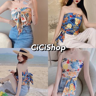 Cicishop(6070เกาะอก)เสื้อเกาะอกผ้าชีฟอง ลายดอกไม้มีสายผูก สม๊อคหลังยืดได้เยอะ ผ้าใส่สบาย