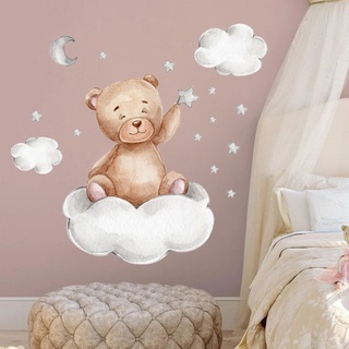 Cartoon Bear Moon Clouds Stars PVC Wall Stickers / Kids Room Decorative Wall Murals / Home DIY Wallpaper Stickers for Bedroom TV Background Wall Decoration